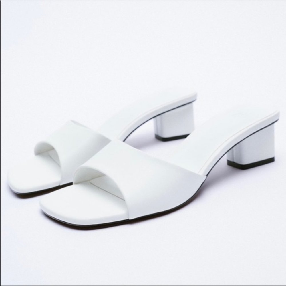 zara women's white mules square toe thick 2" heel sandals size 41(10)